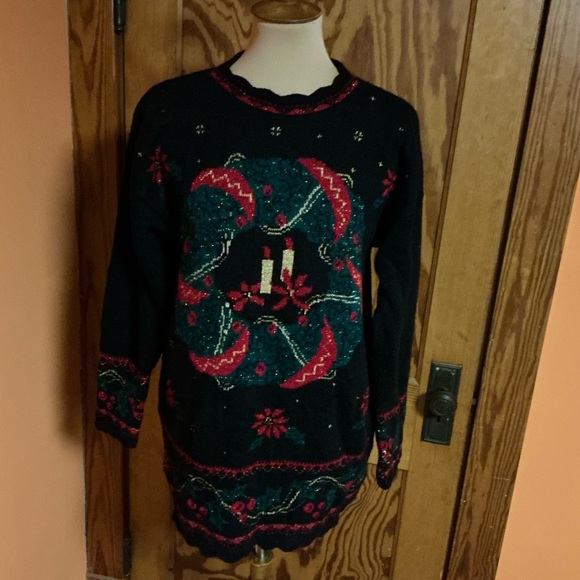Vtg 90s oversized Christmas Wreath Glittery Sweater - Picture 9 of 13